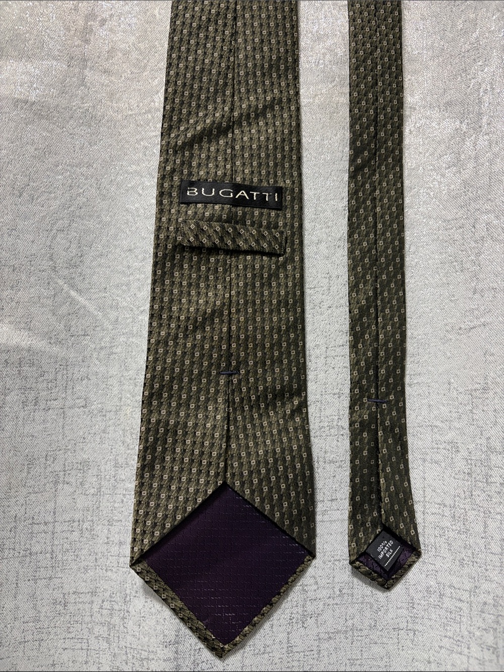 Bugatti Olive Green Micro-Pattern Silk Tie with Purple Tip Lining